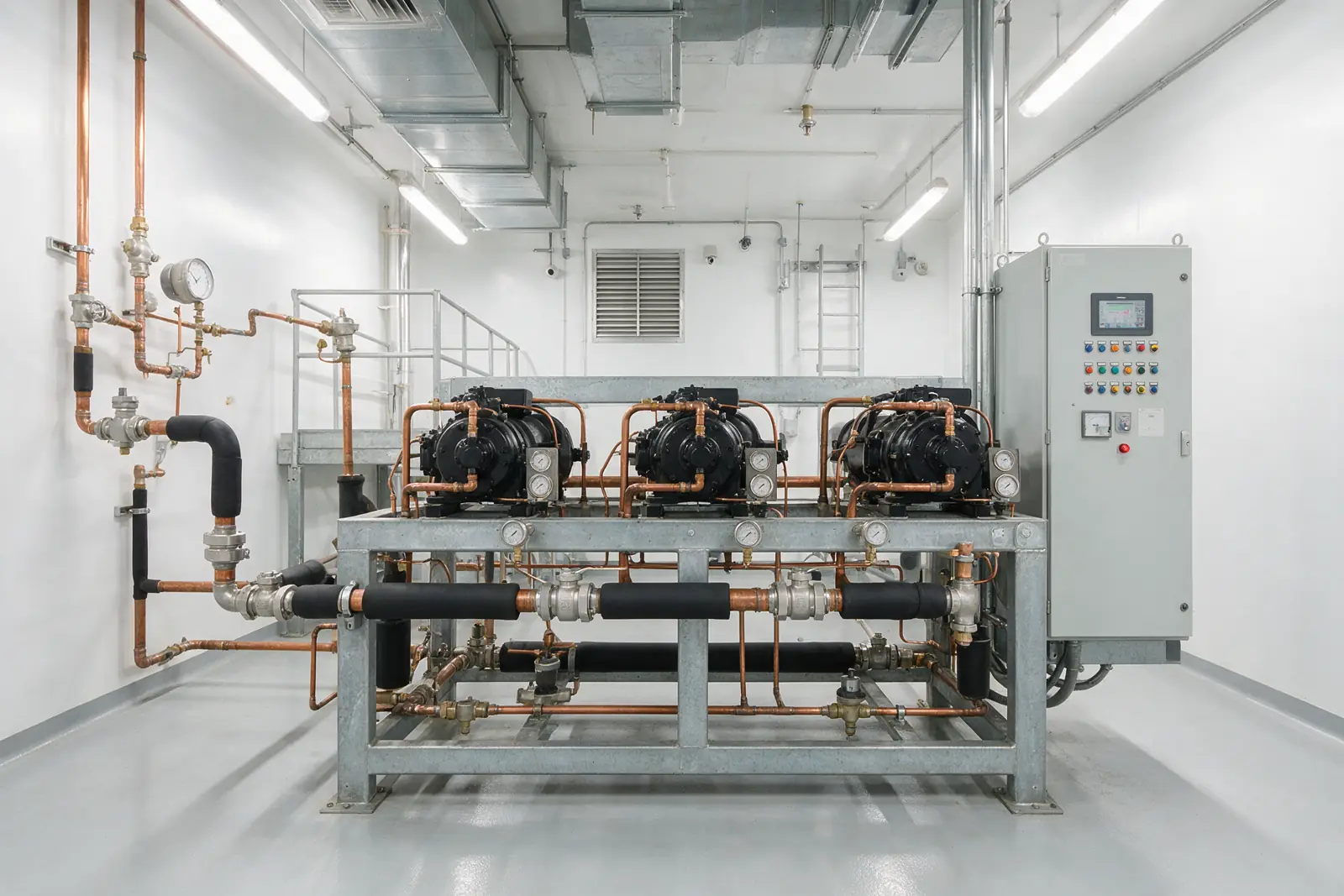 Sala de máquinas con rack de compresores de refrigeración