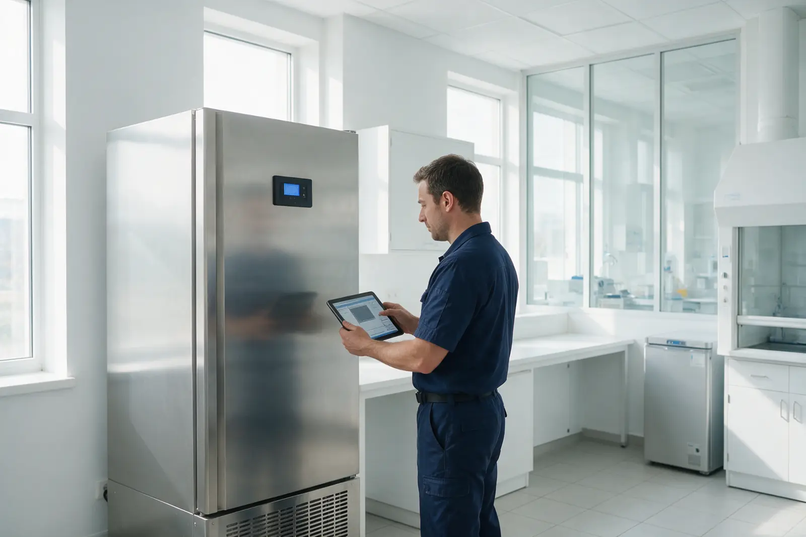 Técnico de Fénix Cold revisando el controlador de una nevera de laboratorio